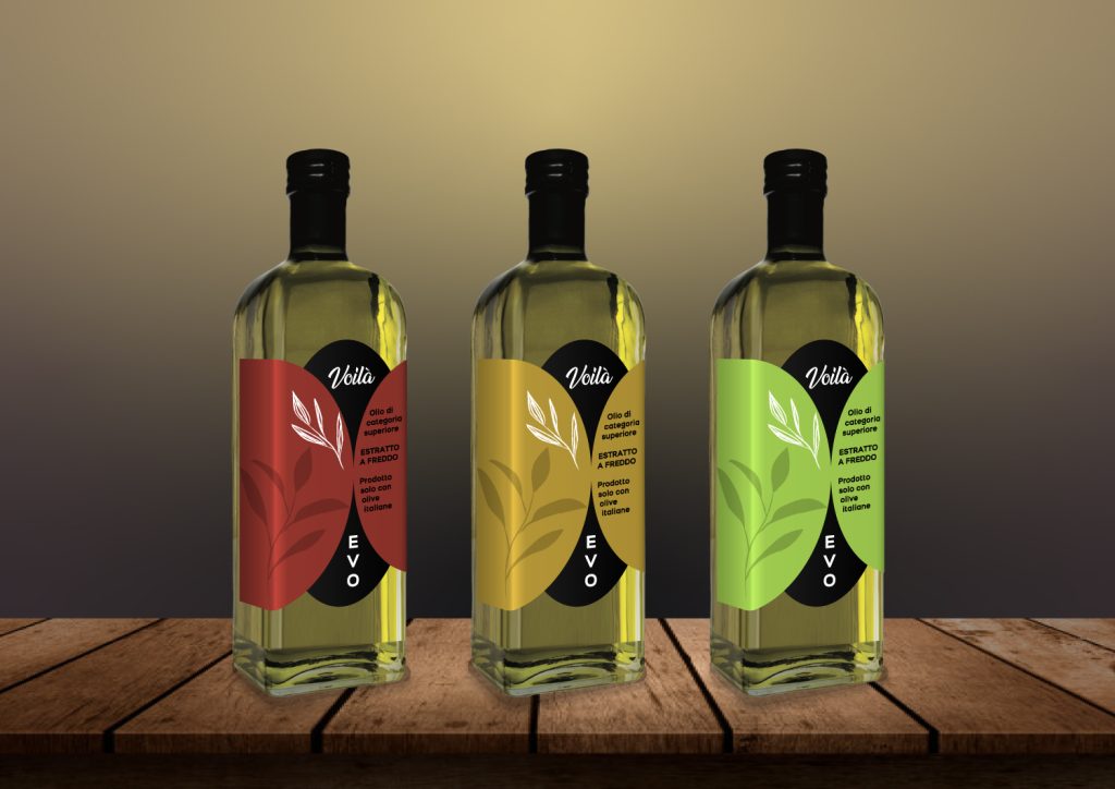 realizzazione grafica etichette per olio di oliva con fustella particolare