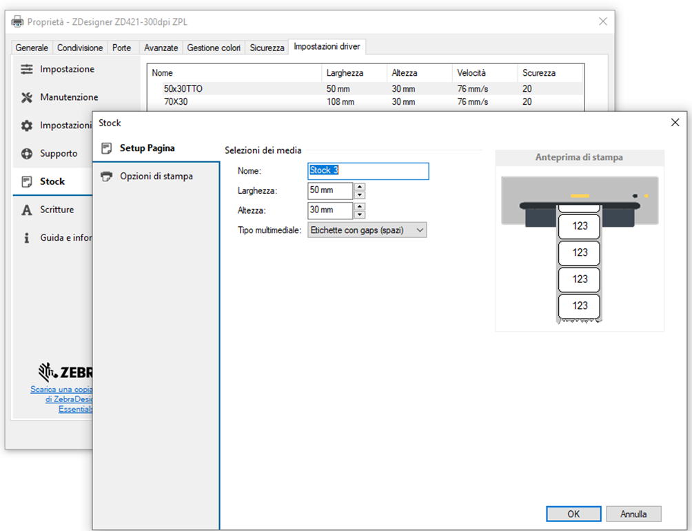 COME IMPOSTARE E MEMORIZZARE LE DIMENSIONI DELLE ETICHETTE NEL DRIVER DELLA STAMAPANTE ZEBRA