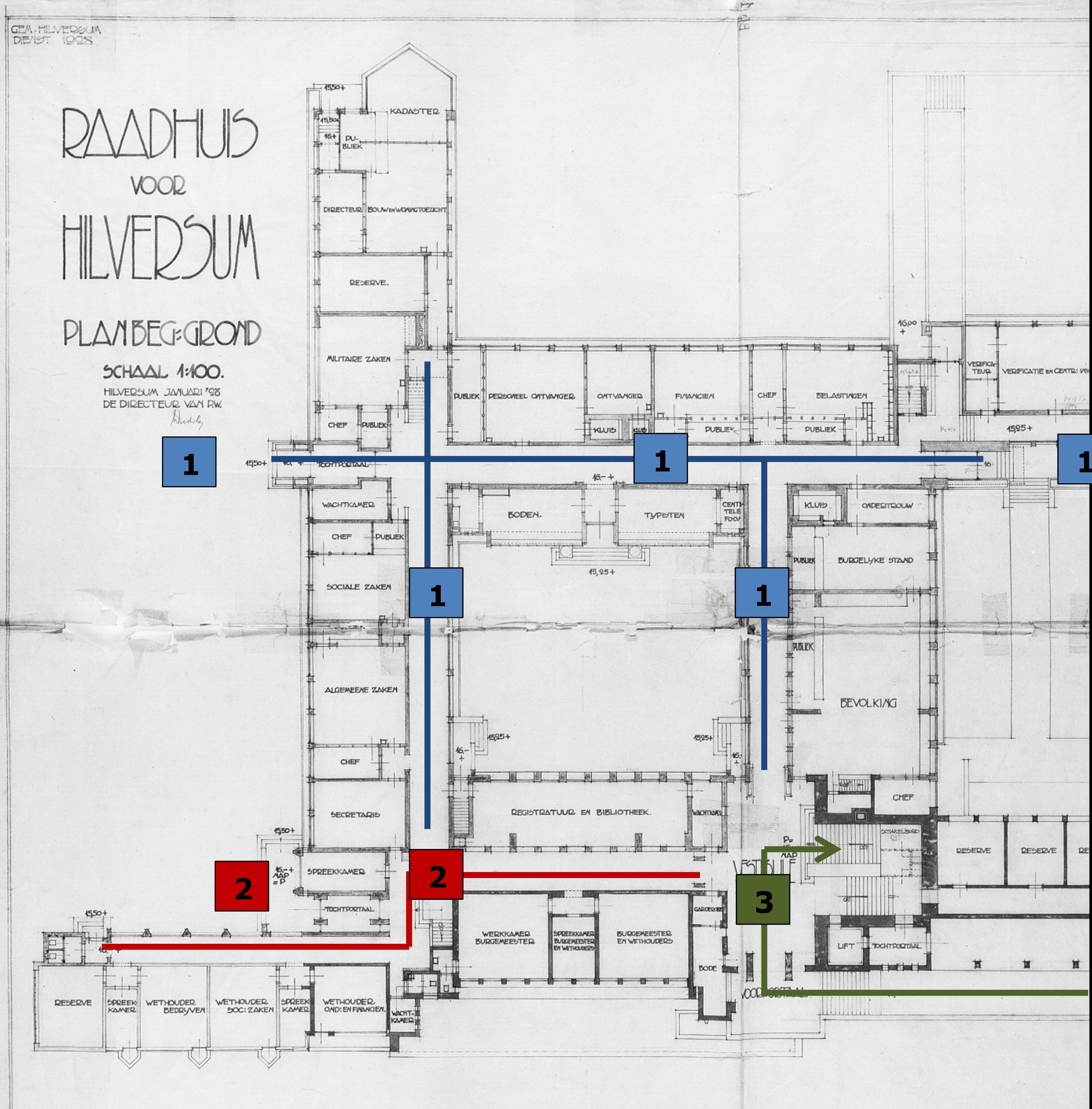 De plattegrond van de begane grond van het hoofdgebouw met de publieks- en ambtenareningang en de bijbehorende ruimten (zie 1), de ingang en de ruimten voor de burgemeester en wethouders (zie 2) en de officiële ingang, hal en trappartij (zie 3), Streekarchief Gooi en Vechtstreek te Hilversum, Inventarisnummer SAGV169-2323.