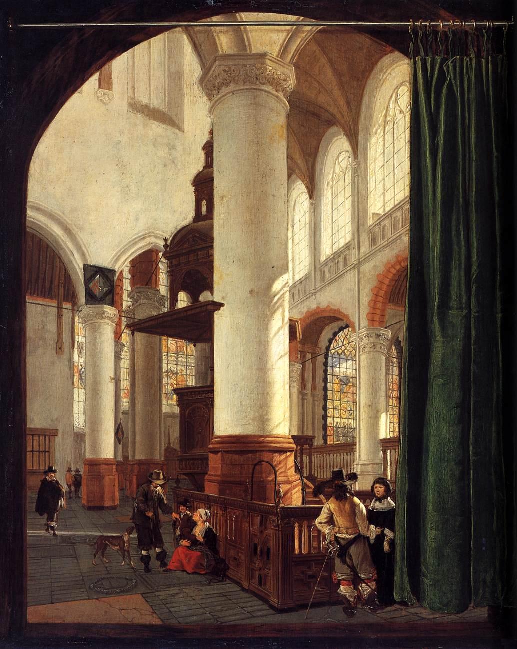 Gerard Houckgeest, Interieur van de Oude Kerk te Delft met de kansel uit 1548, 1651, olieverf op paneel, 49x41cm, Rijksmuseum Amsterdam (afbeelding Web Gallery of Art).