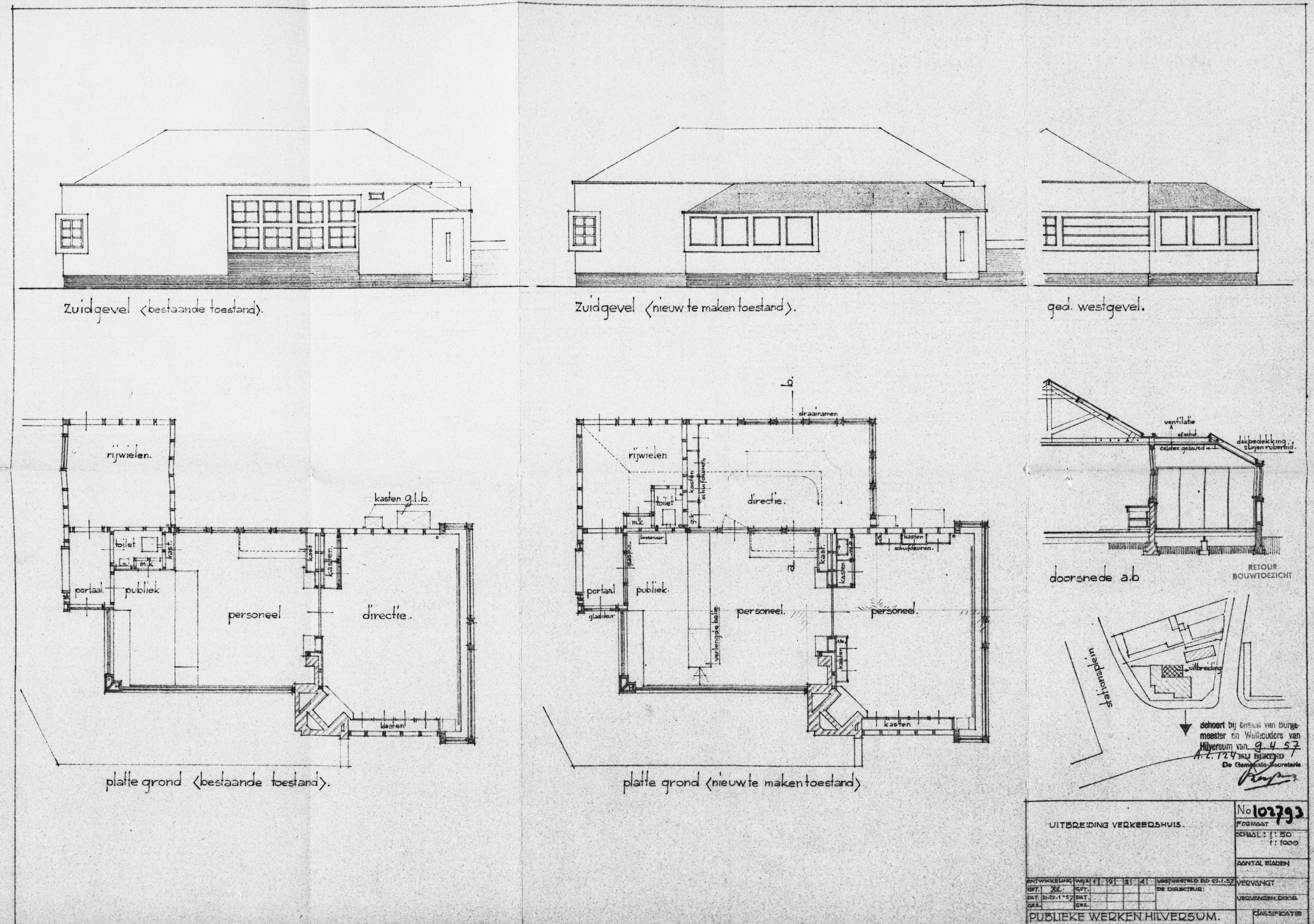 Publieke Werken Hilversum, Bouwtekening uitbreiding Verkeershuis, 1957 [Streekarchief Gooi- en Vechtstreek]