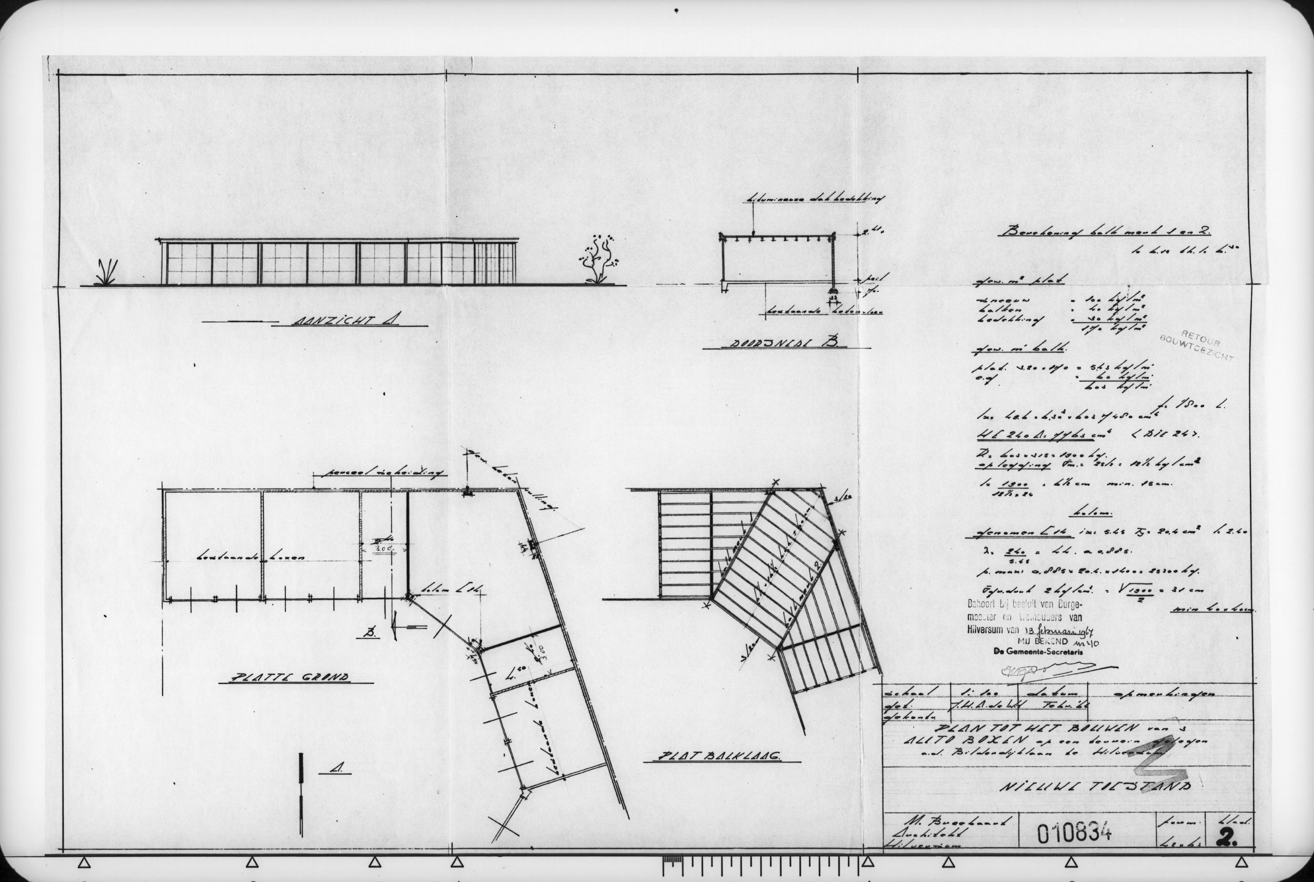 Garageboxen op terrein achter Bilderdijklaan 43, ontwerptekening [SAGV] en huidige situatie.