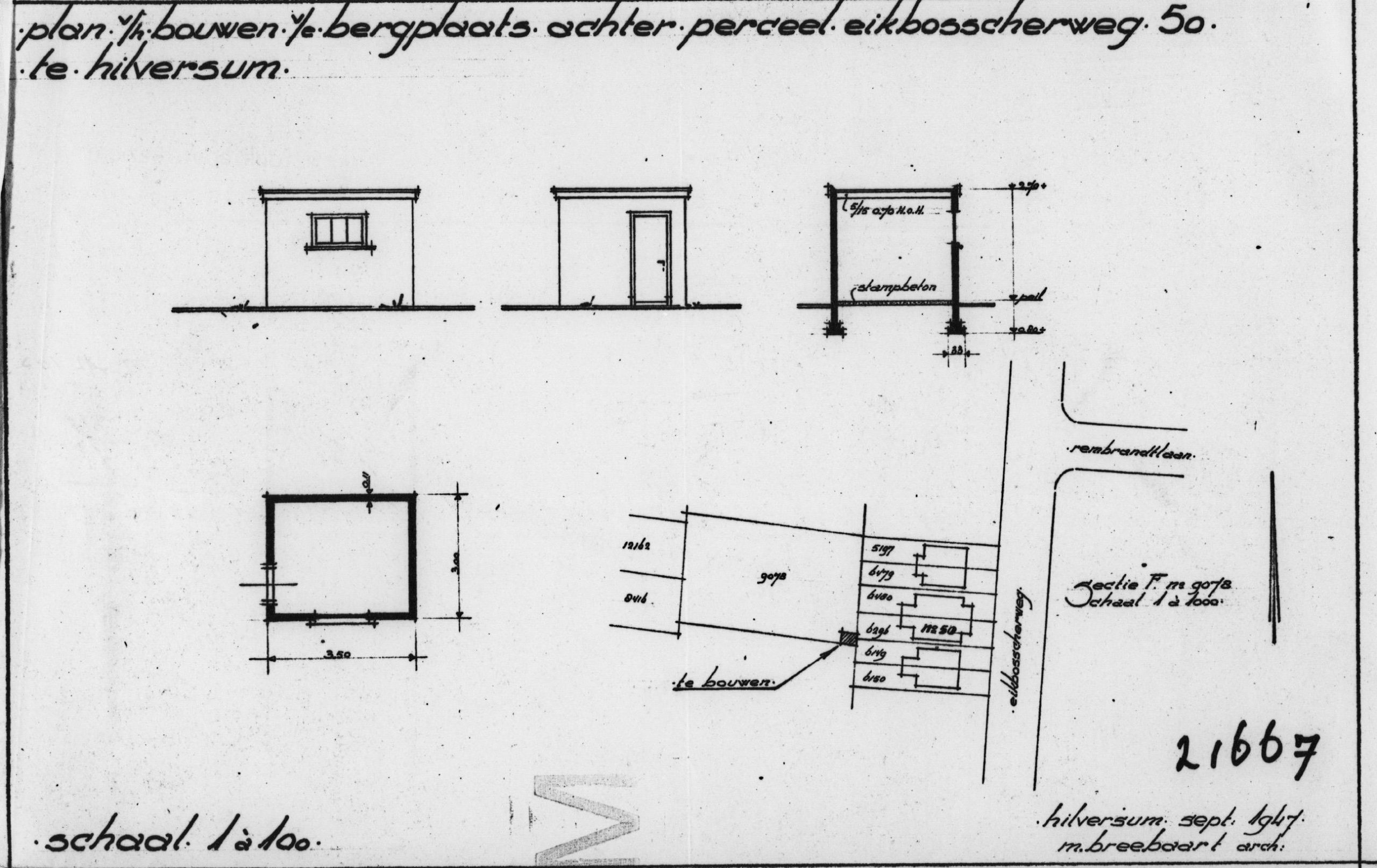 Ontwerp bergplaats Eikbosserweg 50, 1947. [SAGV]