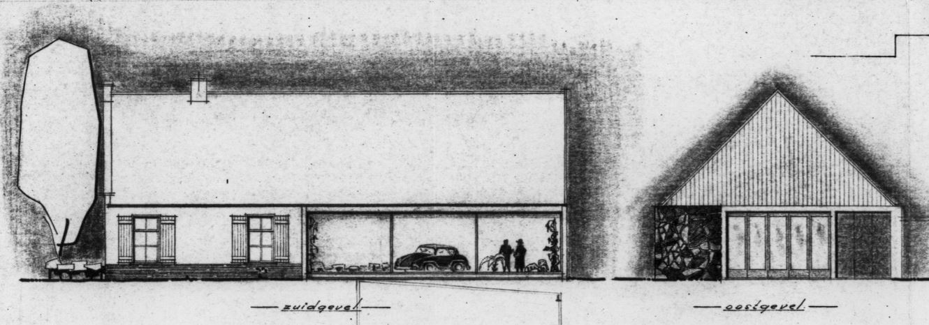 Detail ontwerptekening verbouw garage tot showroom Emmastraat 9, 1959. [SAGV]