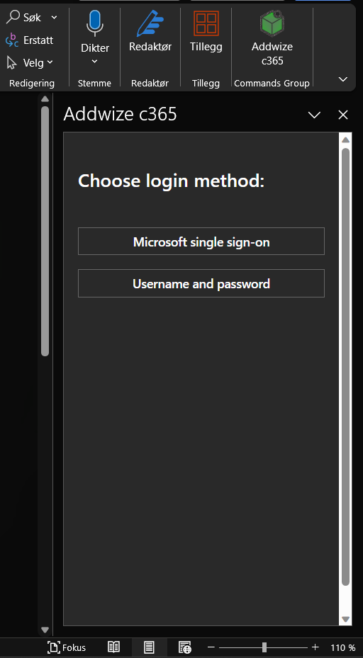 Login methods to PLM from Office. Choose between Microsoft SSO or by username and password in the PLM-Office integration