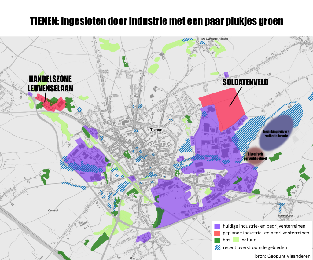 Plan van Tienen waar de groene zones en de bedrijszones ingekleurd staan