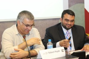 BCHR President Nabeel Rajab and ADHRB Executive Director Husain Abdulla prepare to speak at Concrete Steps
