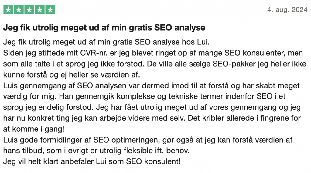 Udtalelse af mit online SEO kursus på trustpilot 2