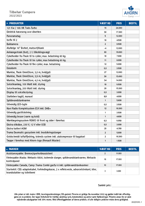 Ahorn Camper van Danmark autocamper tilbehørsliste