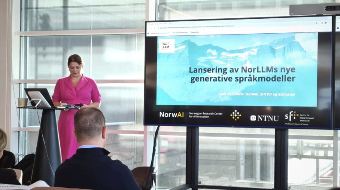Mai 2024: Aifal viser prototyper fra helsesektoren på lanseringen av de norske NorLLM-språkmodellene fra NorwAI