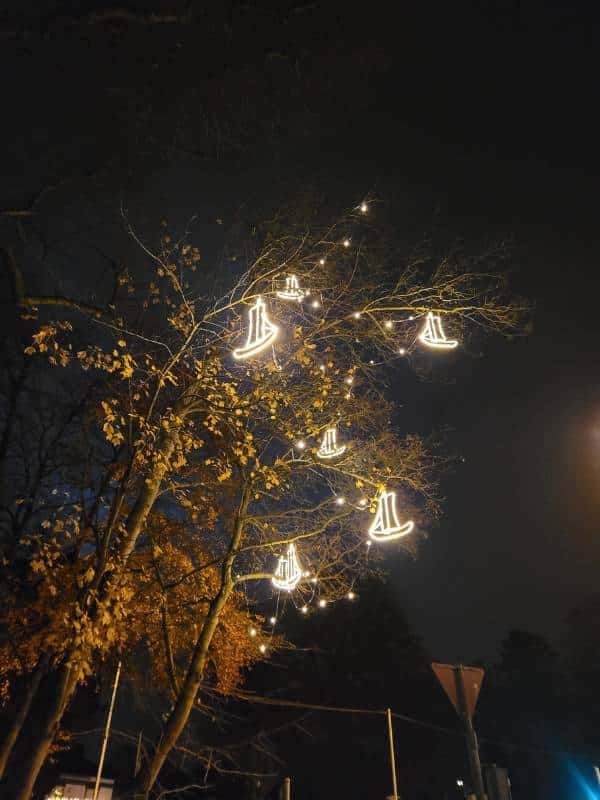 Blick auf einen Baum vorm Nachthimmel, an dem weihnachtlicher Lichterschmuck hängt, in Form eines Ewers, was eine Schiffsart ist.