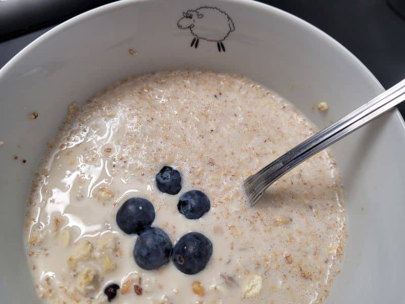 Ein Schüssel Porridge mit Blaubeeren. Am Schüsselrand ist ein kleines Schaf zu sehen.