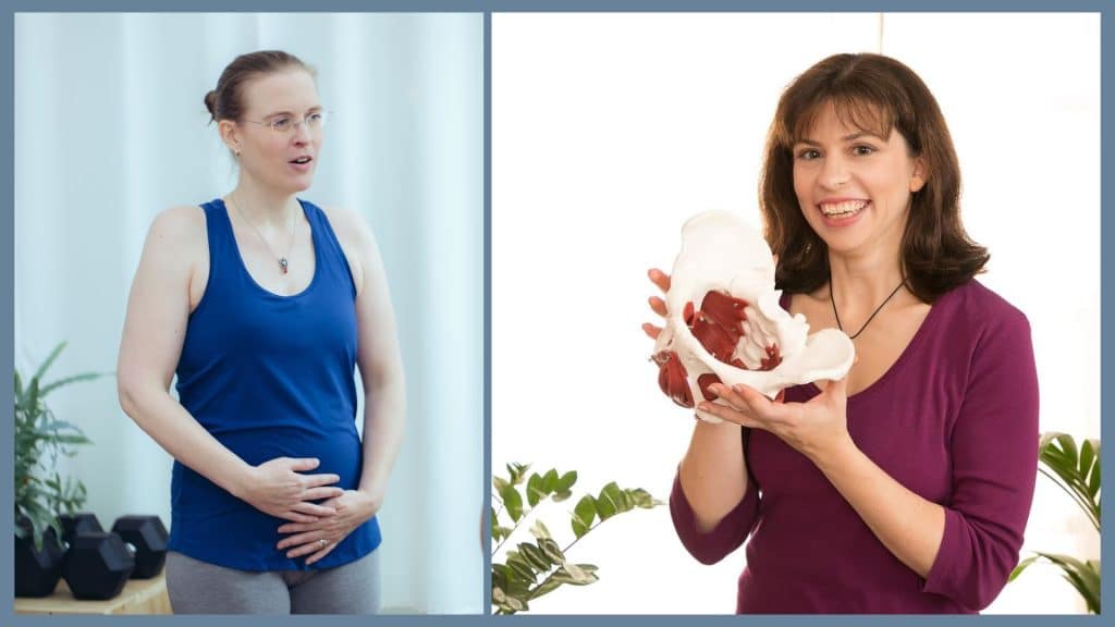 Das Bild ist zweigeteilt: auf der linken Seite ist eine Frau in Sportkleidung, die ihre Hände auf ihrem unteren Bauch liegen hat. Auf der rechten Seite steht eine Frau, die ein Beckenmodell in den Händen hält.