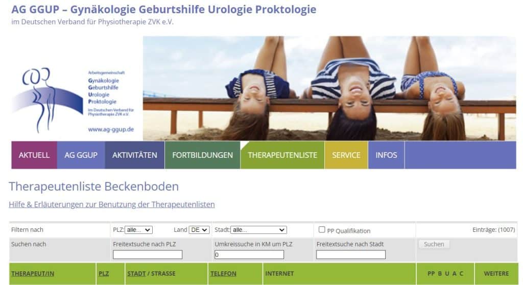 Screenshot der Website der AG GGUP mit der Therapeutenliste. Dort kann man u.a. nach Anbietern eines Beckenboden Check-up suchen.