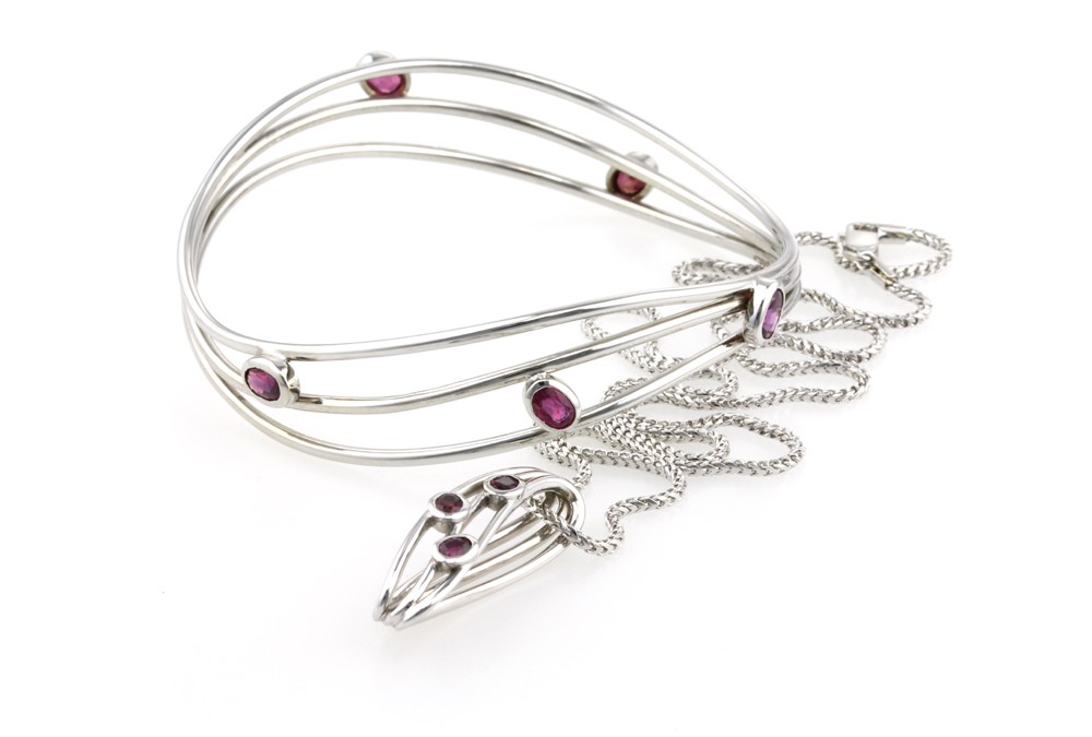 9ct White Gold Ruby Bangle and Pendant