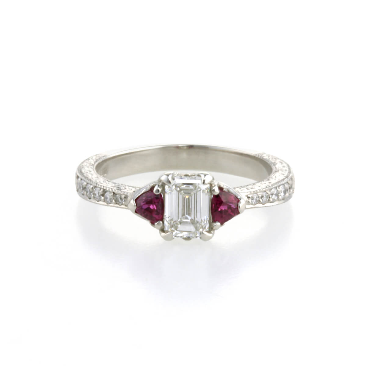 Platinum lotus flower engagement ring set with diamonds and rubies