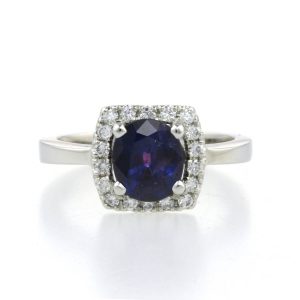 purple sapphire and diamond halo engagement ring