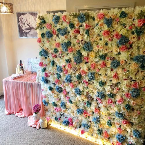 Blue Pink and Ivory Flower wall hire