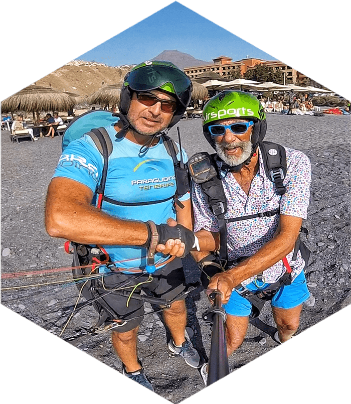 pilot and older man on the beach with helmets on