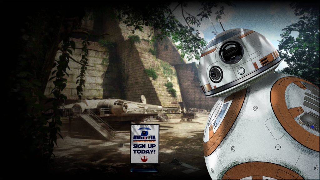 Image composite of my BB-8 drawing, a sign from "Automation Academy" urging you to "sign up today", in front of a Star Wars backdrop (the backdrop is not my creation)