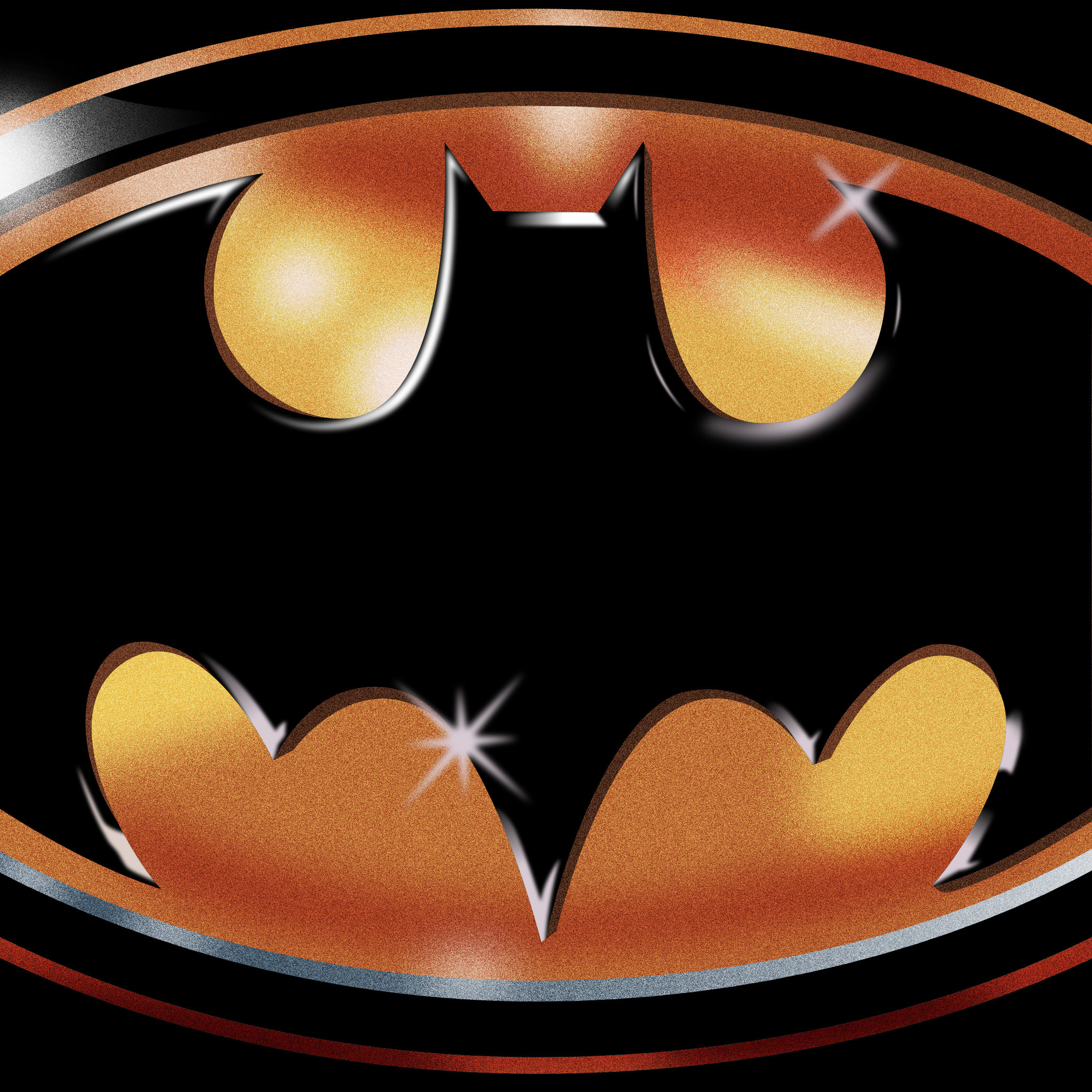 Album cover to Prince' soundtrack for the 1989 movie Batman. The Batman logo, a black 3D bat in an oval over an burnt orange background.