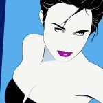 Vector drawing of Patrick Nagel's "Black Bustier". Female model with black hair and, well, a black bustier on a blue background.