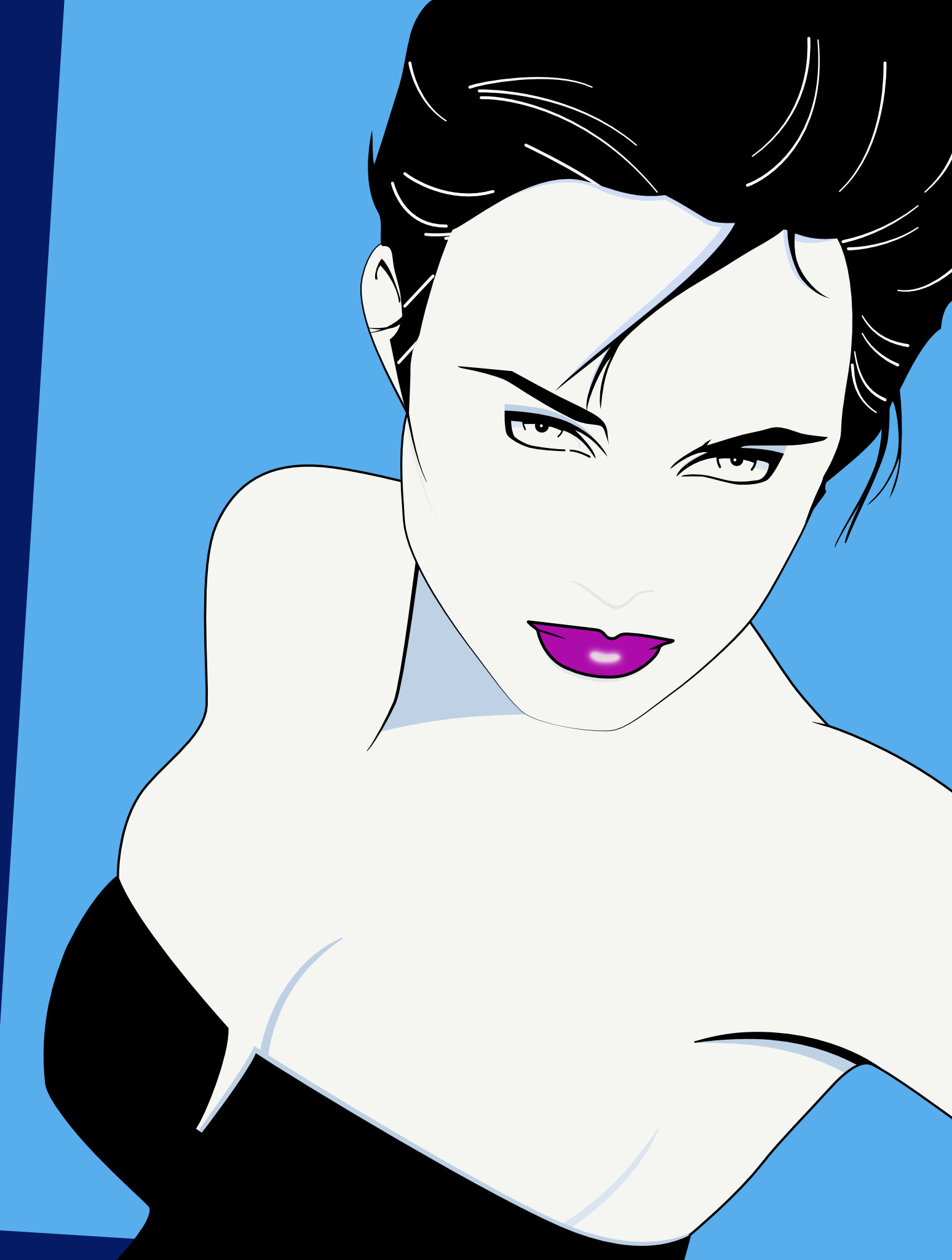 Vector drawing of Patrick Nagel's "Black Bustier". Female model with black hair and, well, a black bustier on a blue background.