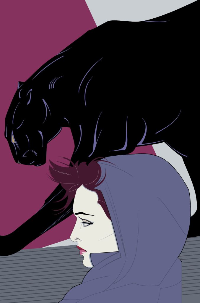 A mash-up of Patrick Nagel's "Black Panther" and "Woman with Horse". Stylised panther behind the "Nagel Woman" in profile, wearing a hoodie. Background is a typical 80s design with a desaturated and tilted purple rectangle on grey.