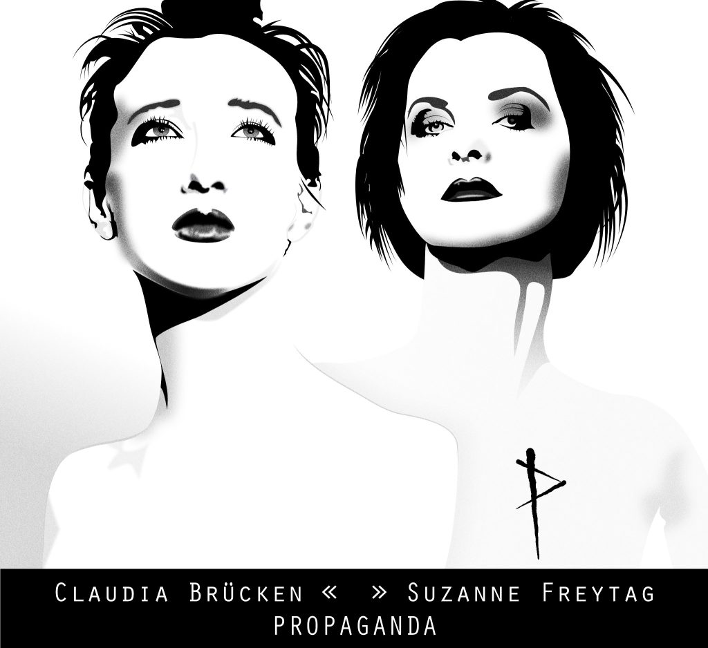 Vector drawing of Claudia Brücken and Suzanne Freytag of the German 80s band Propaganda. Black and white, high key and high contrast. Claudia looks into the distance, Suzanne looks right at the camera. Based on the original photos by Peter Brown.