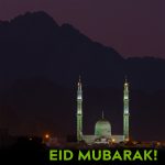 A night photo I took back in December 2011 of the mosque at Hadaba, Sharm-el-Sheik, Egypt. The text “Eid Mubarak” added below.