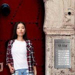 Mei Chang, a young woman, probably of Asian descent, in front of a red entrance door with an ornamental frame for the imaginary address "Green Flower Street 534" somewhere in New York's Chinatown. A stainless steel plate with buzzers sits on the wall, one for the appartment of Mei Chang. The other names belong to players on the album that inspired this image, Donald Fagen's "The Nightfly" from 1982.