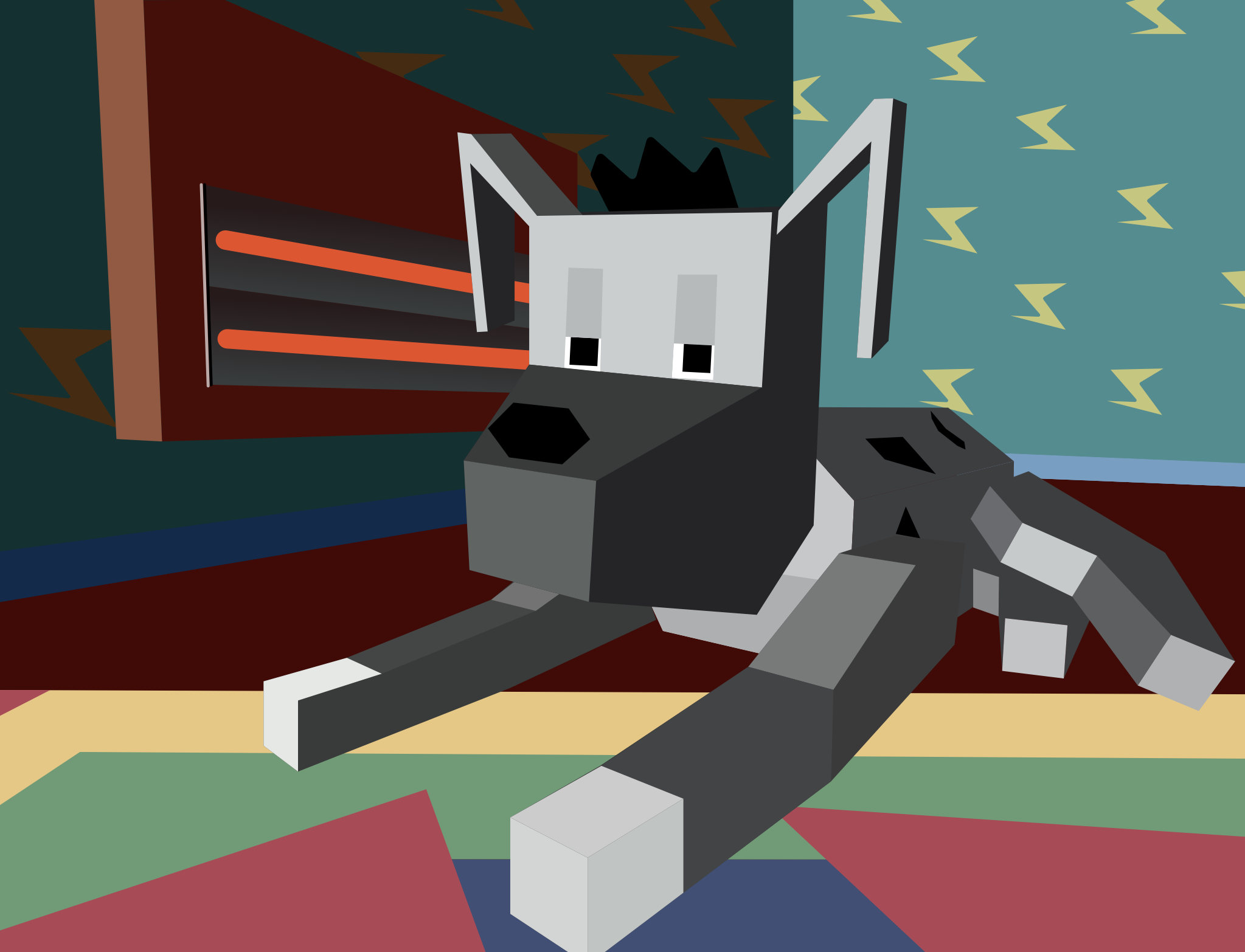 Vector drawing of a still from the seminal Dire Straits video to "Money for Nothing", 1985. A very low-poly, but cute 3D rendered dog is lying ontop of a multi-colored rug in the corner of a room. Behind it a radiator on the wall with a teal wallpaper with yellow, sharp S shapes.