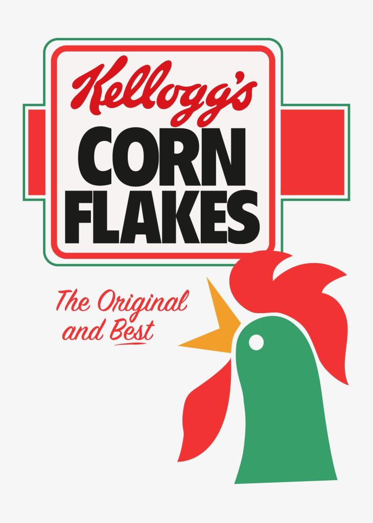 The front design for a Kellog's Corn Flakes cereal box