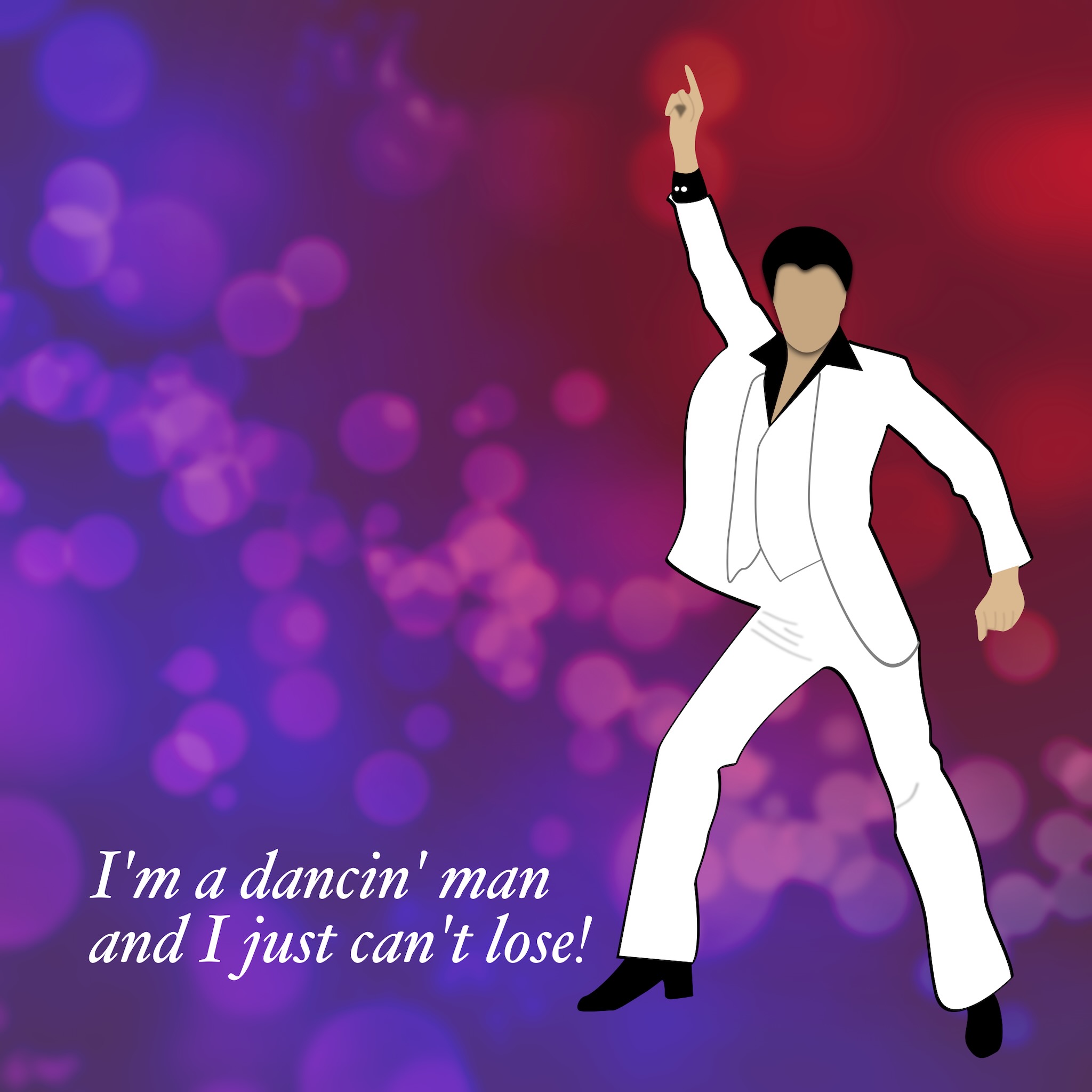 Disco illustration with John Travolta in classic Saturday Night Fever pose.