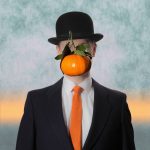 Recreation of the famous Magritte painting "The Son of Man", with an orange instead of an apple.