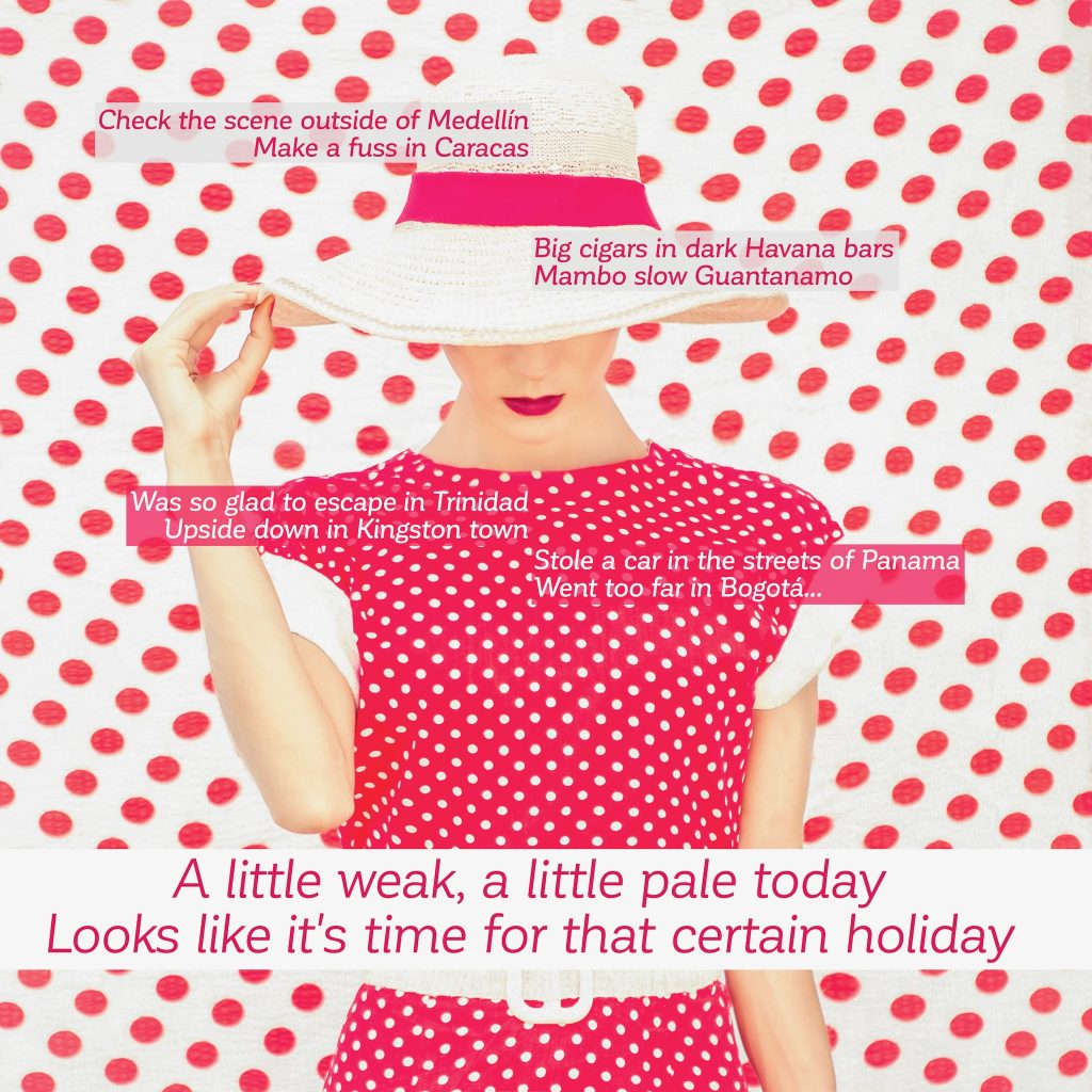 Lyrics to "The Mambo Craze" by De-Phazz over a lady in a big hat and red dress with white polkadots