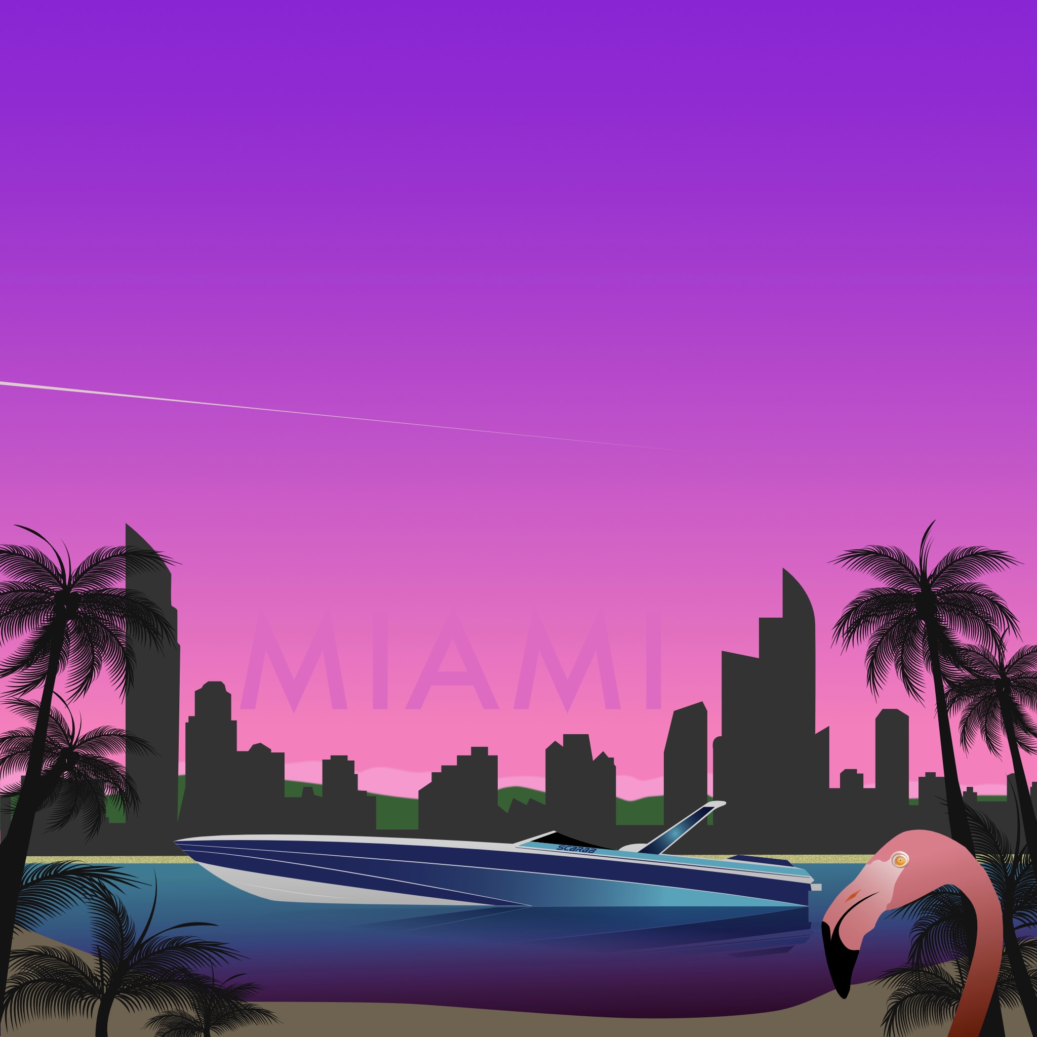 Miami skyline with a Scarab speedboat and a flamingo