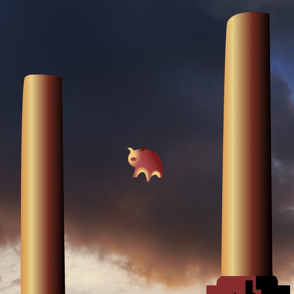 Detail of the flying pig between the Battersea power station chimneys