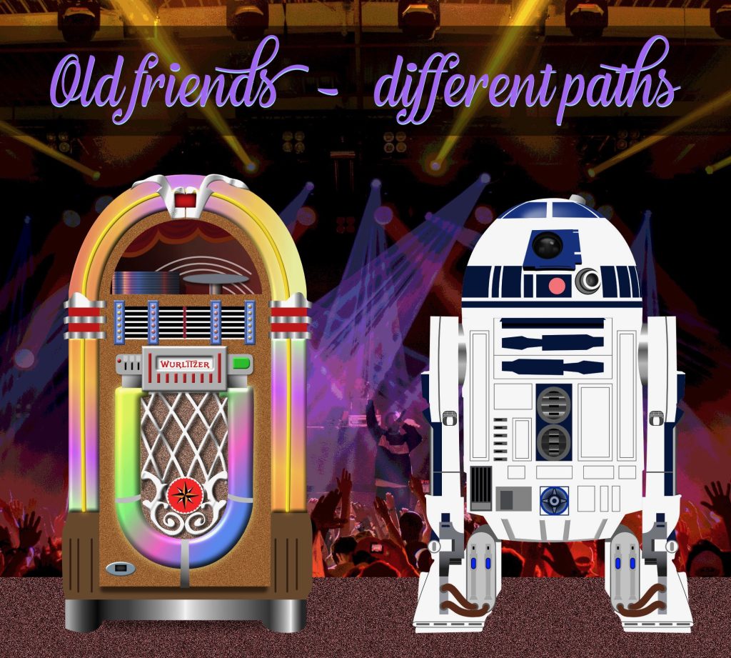 R2D2 hanging at the club with his old friend, the Wurlitzer jukebox