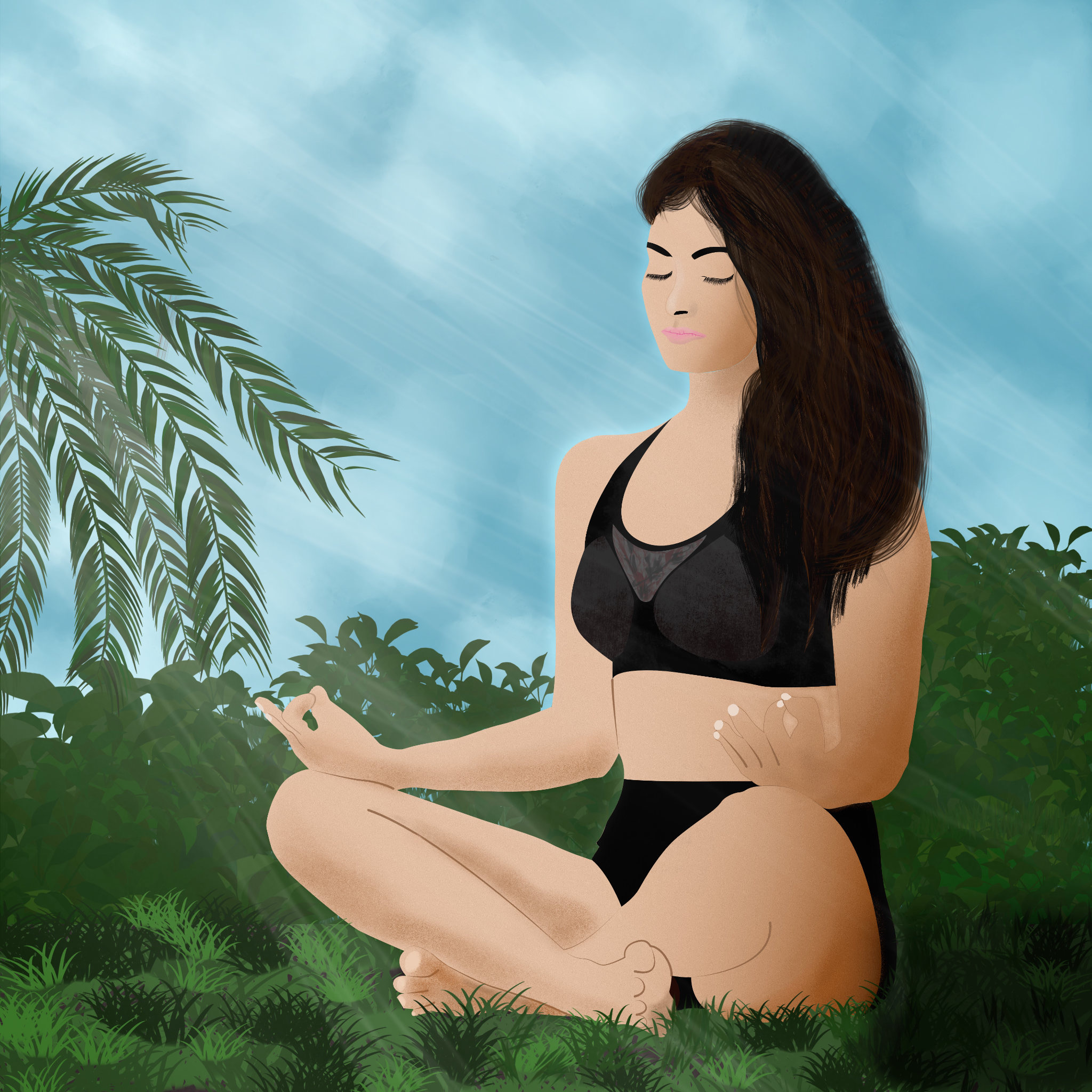 Illustration of young woman meditating in a tropical setting