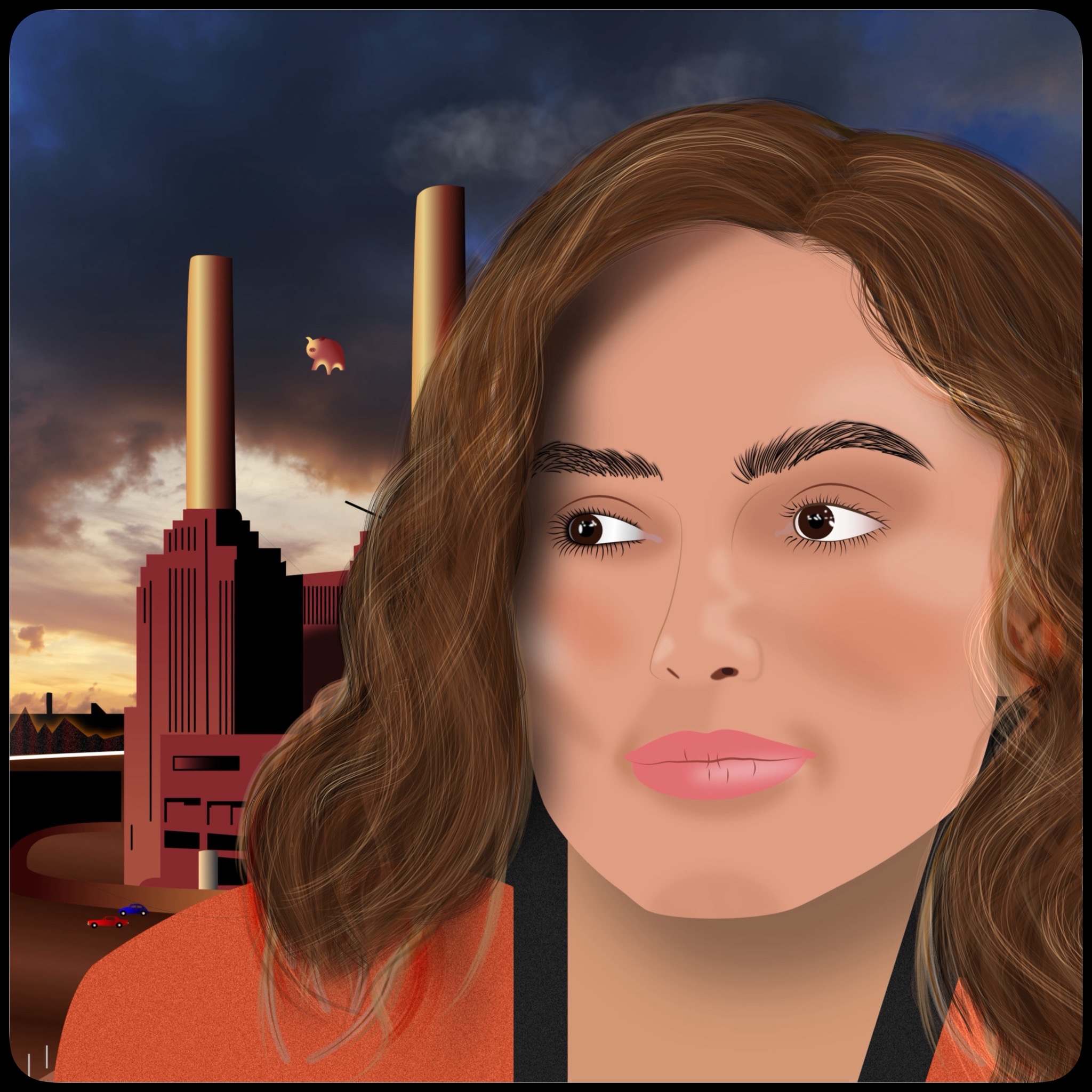 Vector drawing of Kiera Knightley in front of Battersea Power Station.