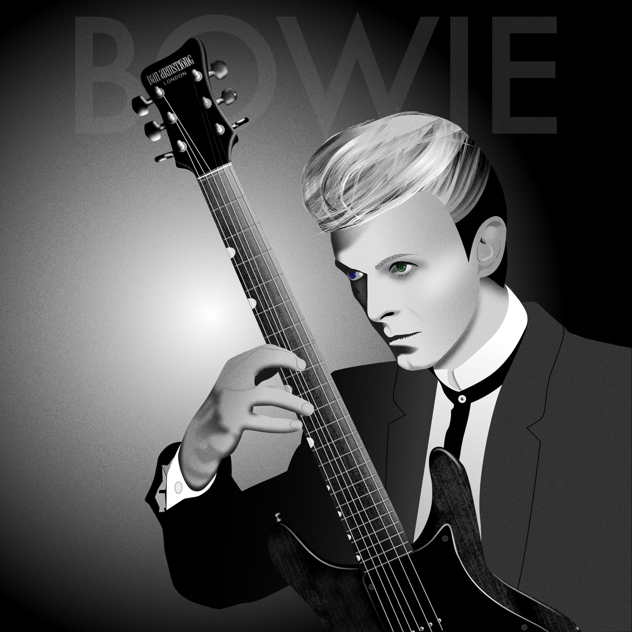 David Bowie with a six-string Dan Armstrong guitar. Based on a photo from the mid 1970s.