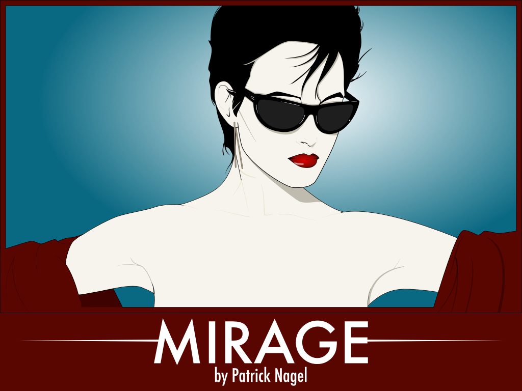 Recreation of Patrick Nagel's "Mirage" with a twist on the colours. Female model with sunglasses and a red robe.