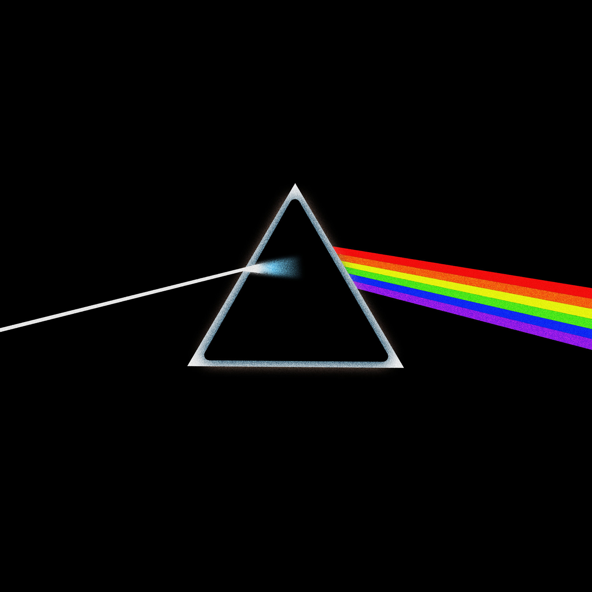 The iconic cover illustration from Pink Floyd's LP "Dark Side of the Moon". A dark square with a triangular prism where one white beam of light goes in and a spectrum of six colours come out the other side.