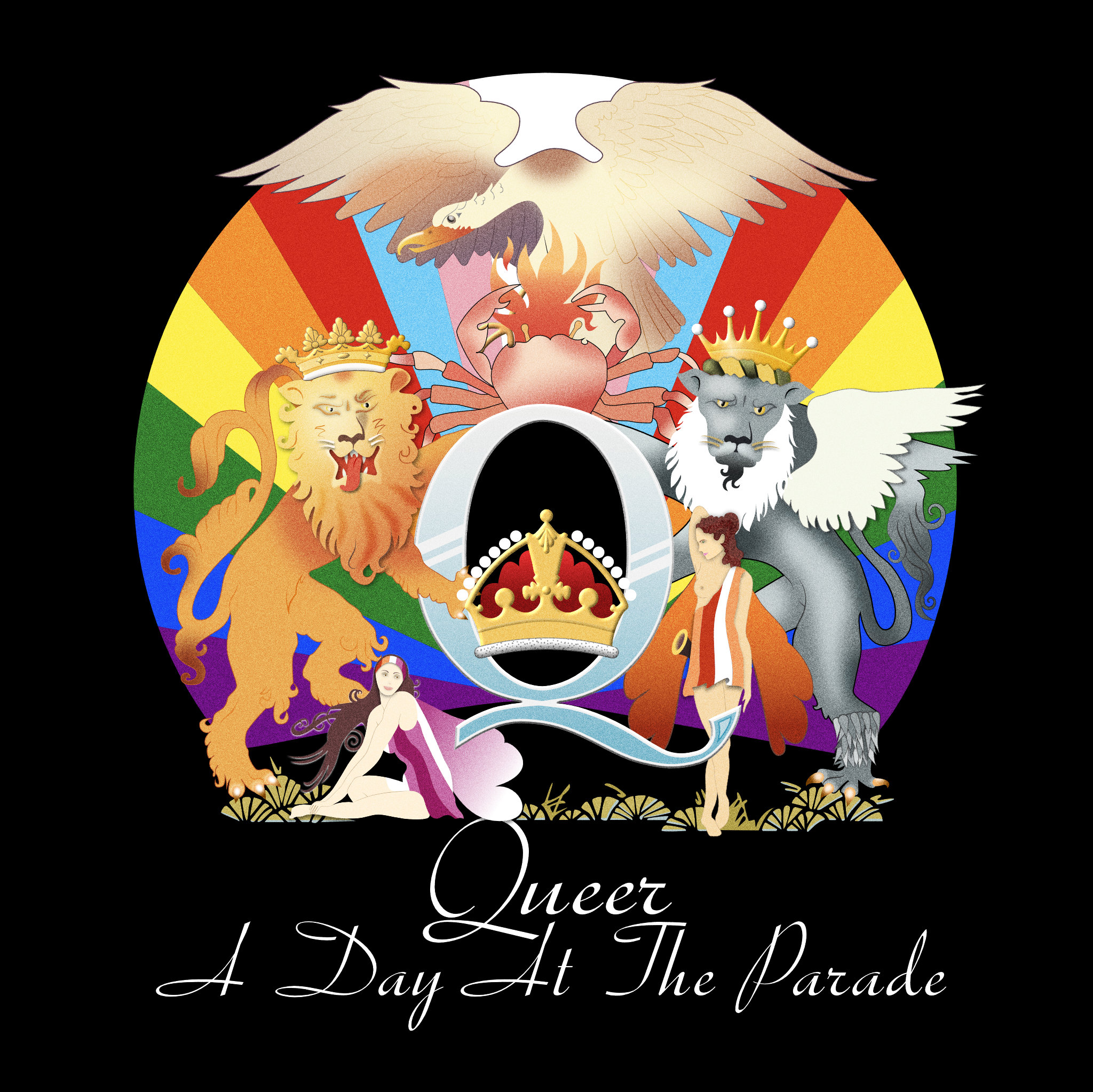 A Pride-coloured version of Queen's album cover for "A Day At The Races". For this special edition, the band name reads "Queer" and the title is "A Day At The Parade".