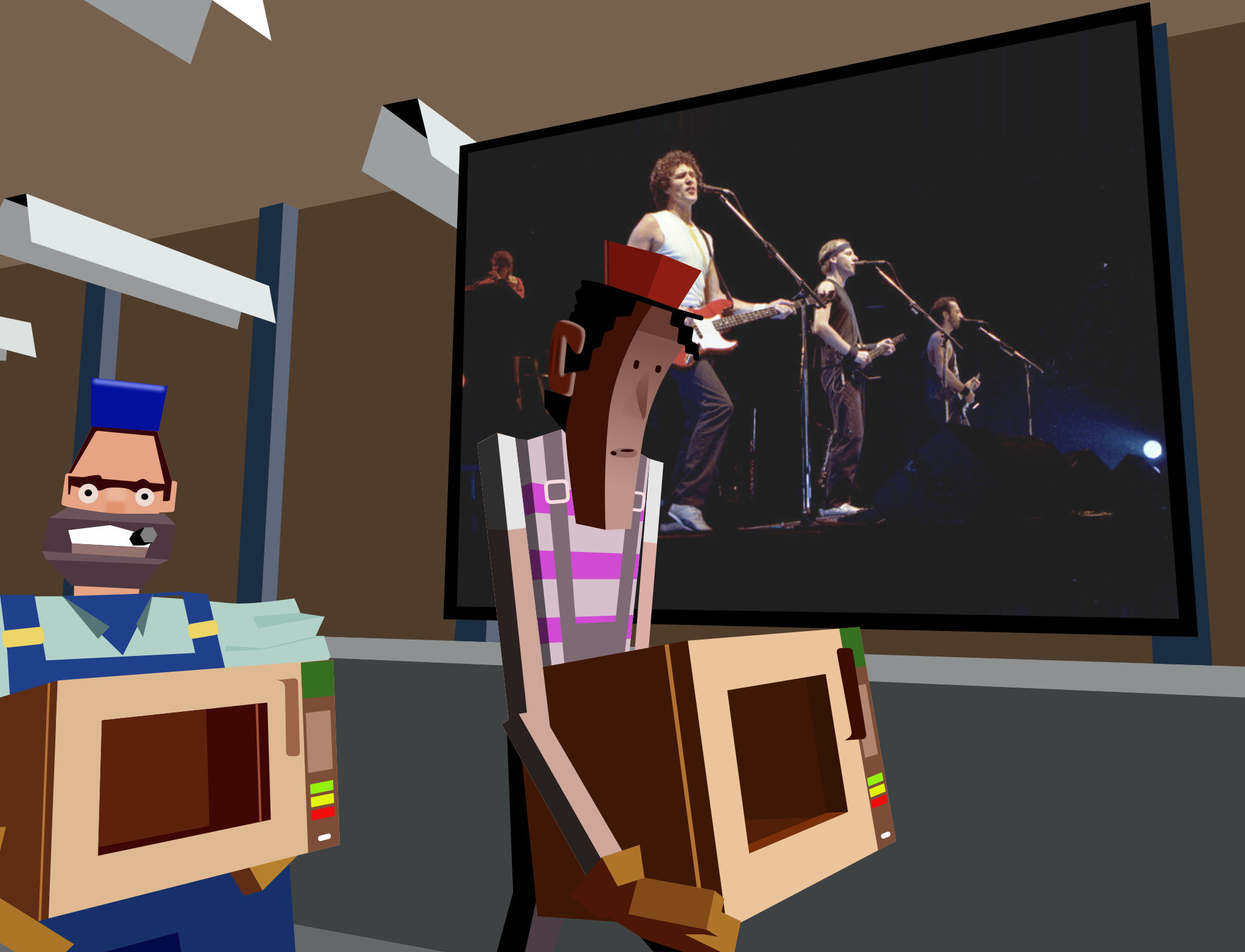 Vector drawing of a still from the seminal Dire Straits video to "Money for Nothing", 1985. Two, very low-poly, 3D rendered handymen are carrying microwave ovens in a simple hallway. Behind them a huge TV screen with Dire Straits on stage.