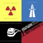 Album covers to four Kraftwerk albums: Radio-Activity, Autobahn, Trans Europe Express and The Man Machine