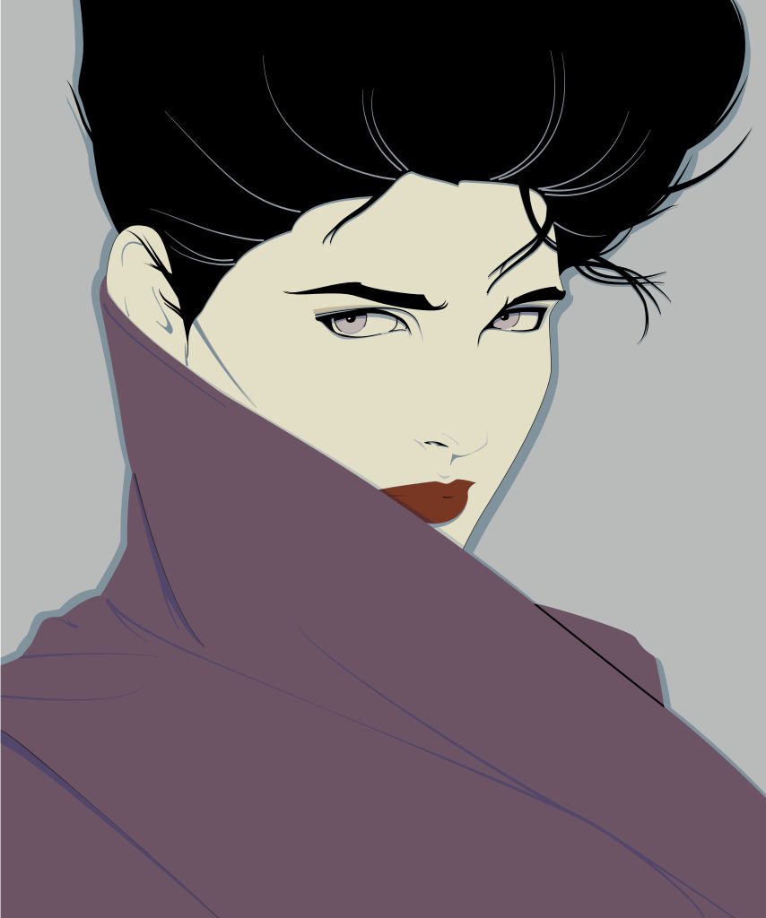 Reproduction of Patrick Nagel's "Untitled 3", the woman on a grey background in a purple coat.