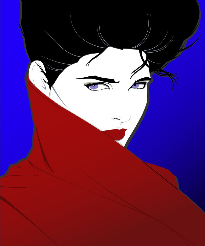 Reproduction of Patrick Nagel's "Untitled 3" - the woman with black hair, now with a recoloured blue background and a red coat.