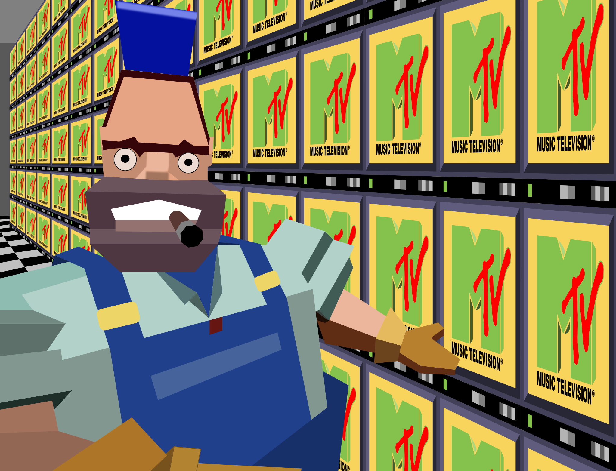 Vector drawing of a still from the seminal Dire Straits video to "Money for Nothing", 1985. One, very low-poly, 3D rendered handyman is standing in front of a wall of television sets, all displaying the MTV logo.